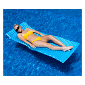 A young woman in a yellow bikini lays on a blue EVAFLOAT in a pool.