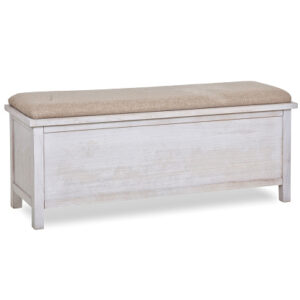 Storage bench in wood and upholstered fabric on a white background.