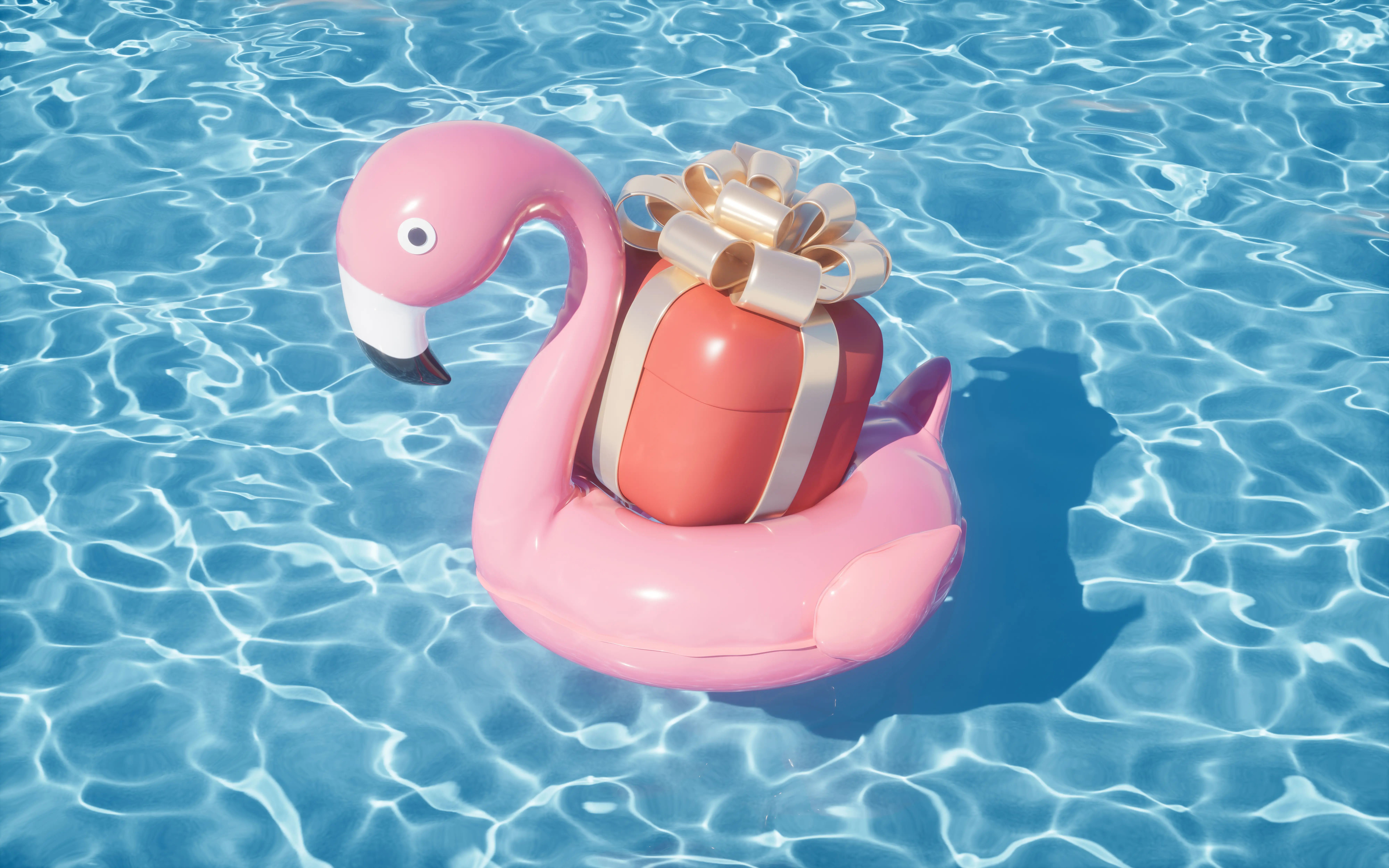 Pool and spa supplies gift concept with wrapped present on pink flamingo float in swimming pool.