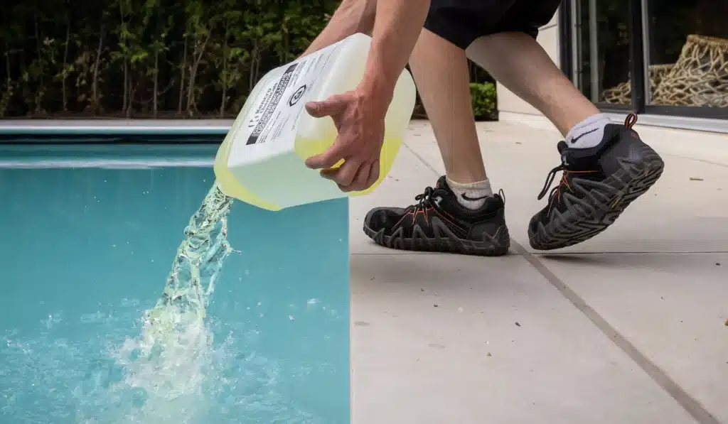 Person pouring pool opening chemical treatment into backyard swimming pool during spring pool startup.